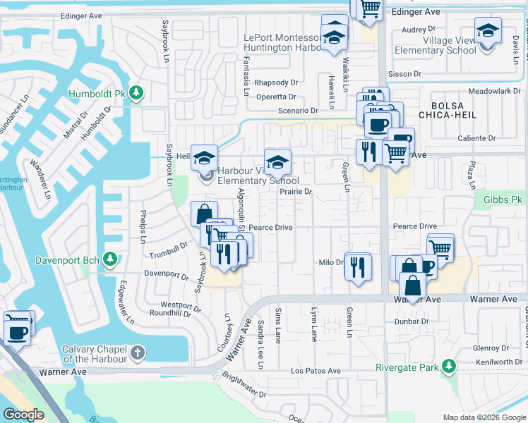 map of restaurants, bars, coffee shops, grocery stores, and more near 16671 Sims Lane in Huntington Beach