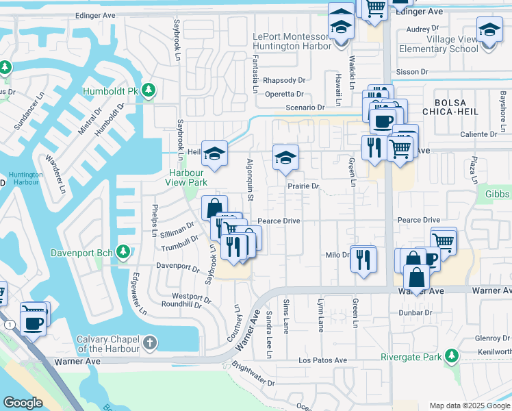 map of restaurants, bars, coffee shops, grocery stores, and more near 16662 Algonquin Street in Huntington Beach