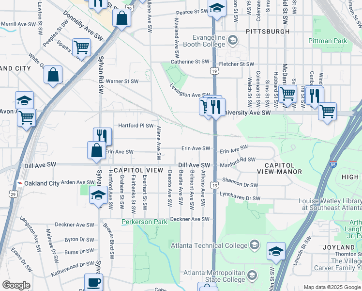 map of restaurants, bars, coffee shops, grocery stores, and more near 707 Erin Avenue Southwest in Atlanta