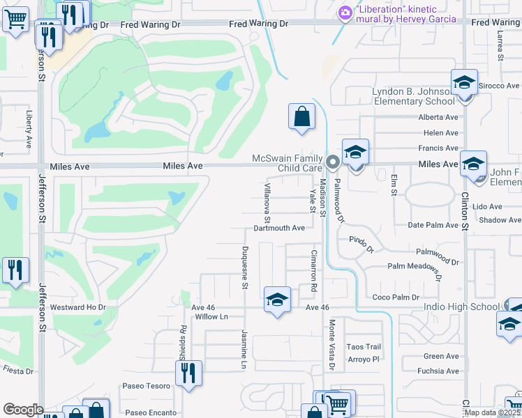 map of restaurants, bars, coffee shops, grocery stores, and more near 80733 Brown Street in Indio