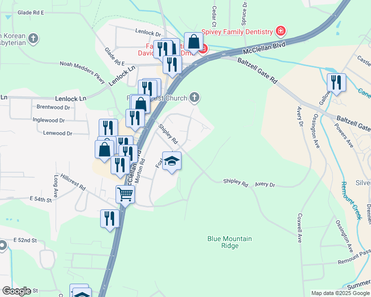 map of restaurants, bars, coffee shops, grocery stores, and more near 207 Baker Road in Anniston