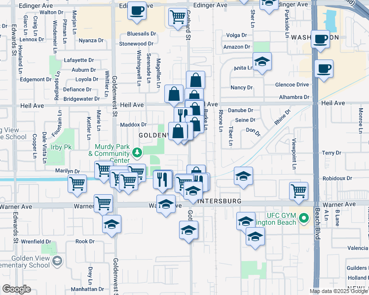map of restaurants, bars, coffee shops, grocery stores, and more near 16691 Gothard Street in Huntington Beach