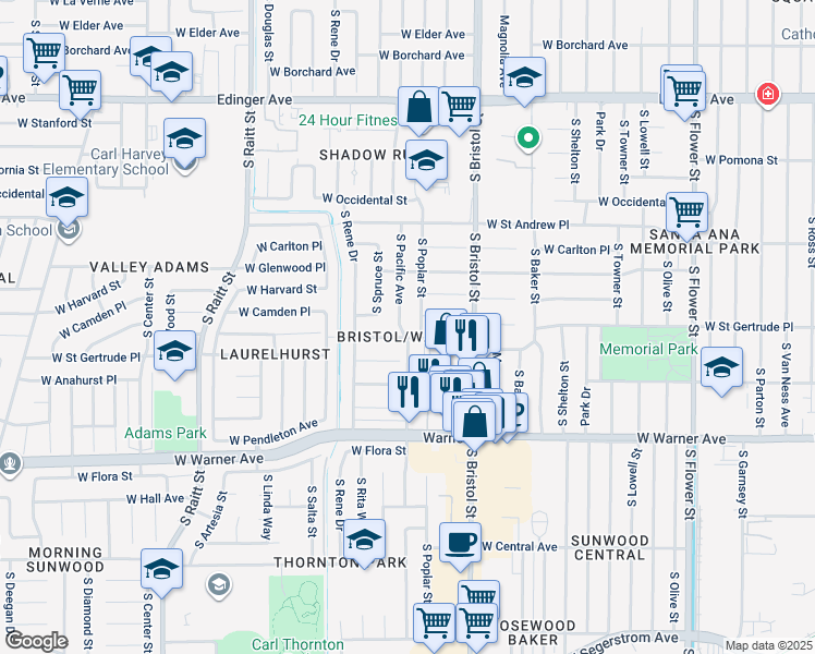 map of restaurants, bars, coffee shops, grocery stores, and more near 2075 South Pacific Avenue in Santa Ana