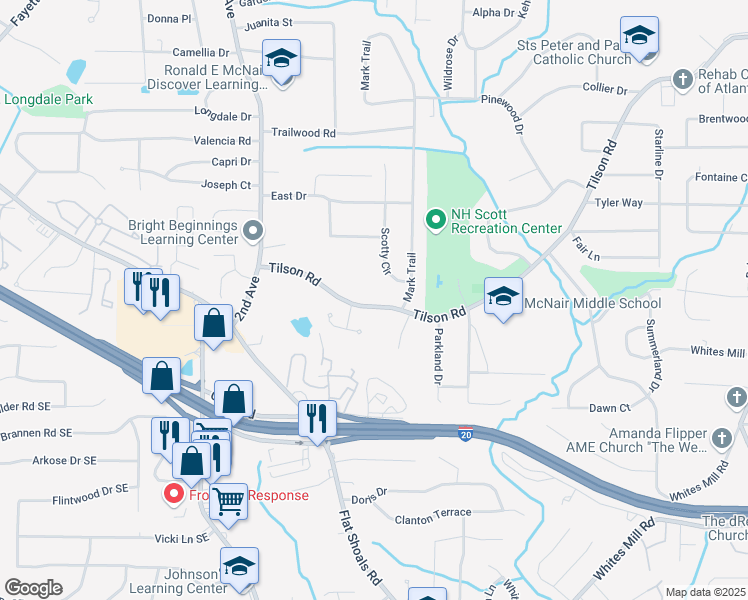 map of restaurants, bars, coffee shops, grocery stores, and more near 2140 Tilson Road in Decatur