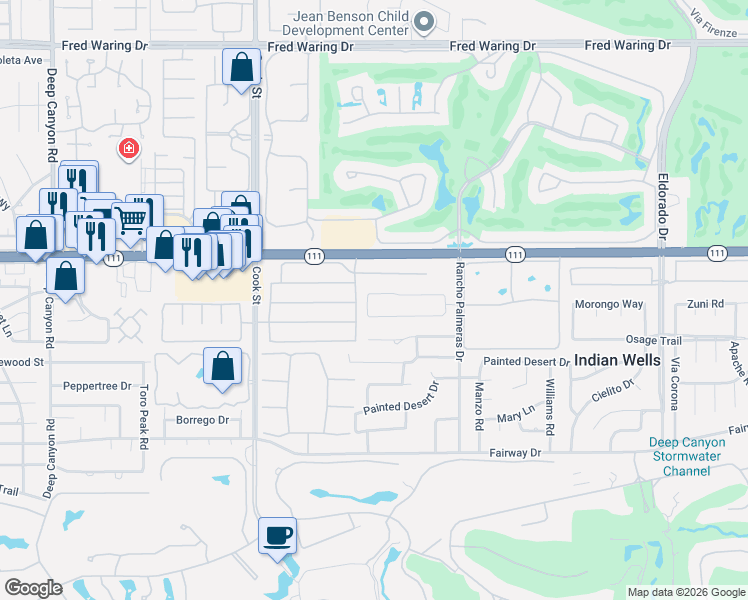 map of restaurants, bars, coffee shops, grocery stores, and more near 75301 Montecito Drive in Indian Wells