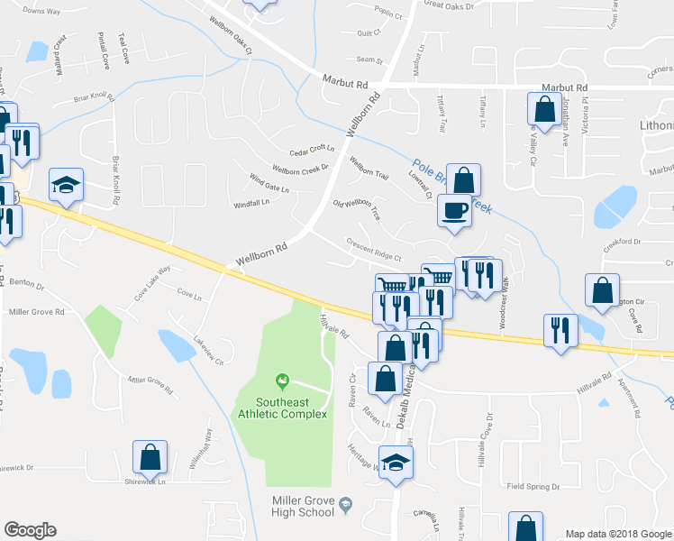 map of restaurants, bars, coffee shops, grocery stores, and more near 3032 Sherbourne Drive in Lithonia