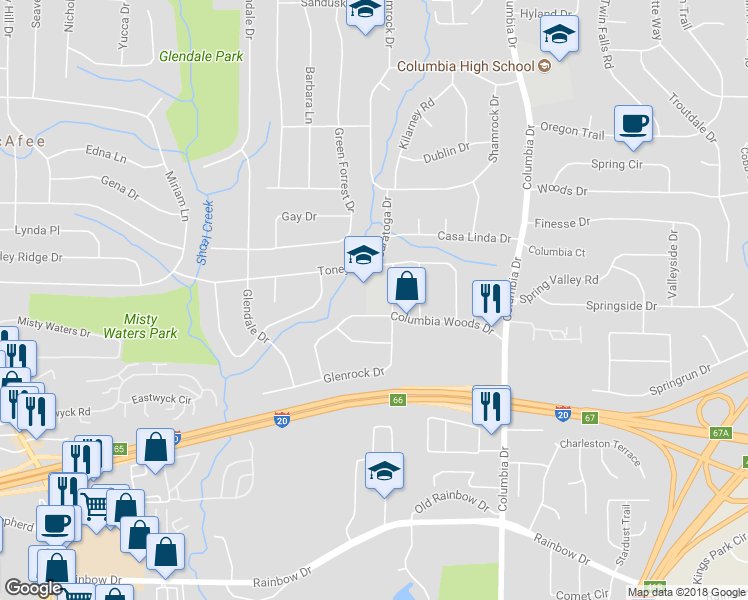 map of restaurants, bars, coffee shops, grocery stores, and more near 3230 Columbia Woods Drive in Decatur