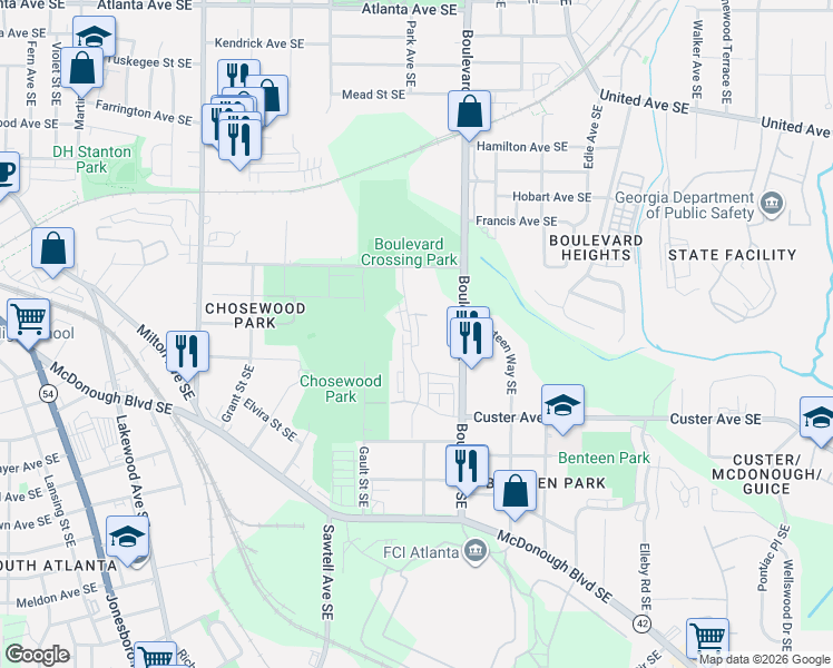 map of restaurants, bars, coffee shops, grocery stores, and more near 1215 Roberts Drive Southeast in Atlanta
