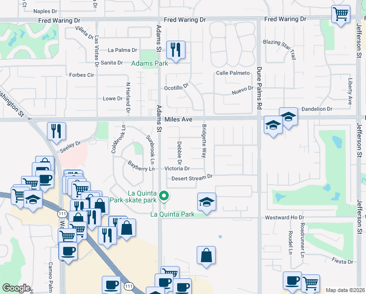 map of restaurants, bars, coffee shops, grocery stores, and more near 45160 Debbie Drive in La Quinta