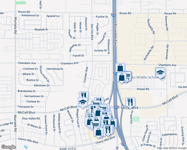 map of restaurants, bars, coffee shops, grocery stores, and more near 27601 Sun City Boulevard in Menifee