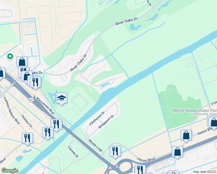 map of restaurants, bars, coffee shops, grocery stores, and more near 616 Waterway Village Boulevard in Myrtle Beach