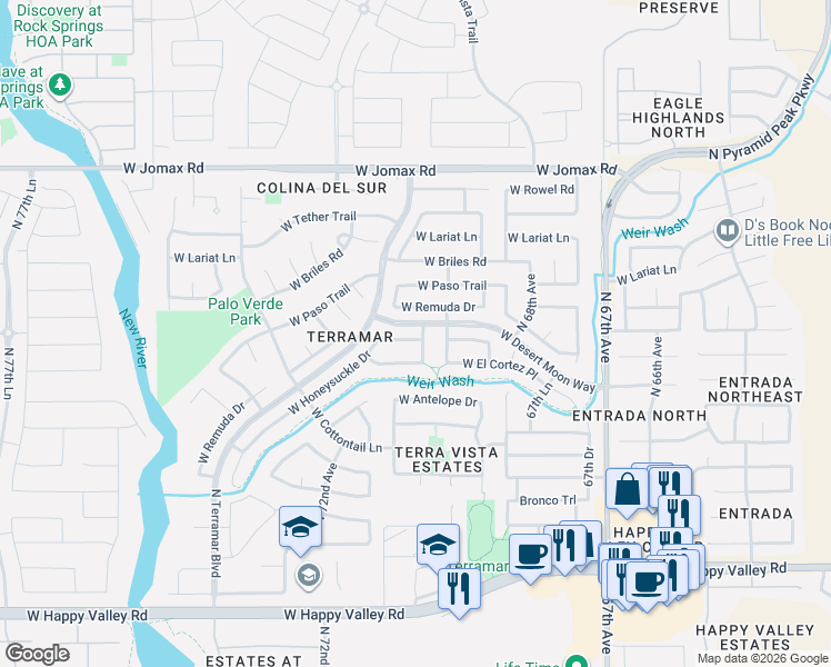 map of restaurants, bars, coffee shops, grocery stores, and more near 6938 West Honeysuckle Drive in Peoria