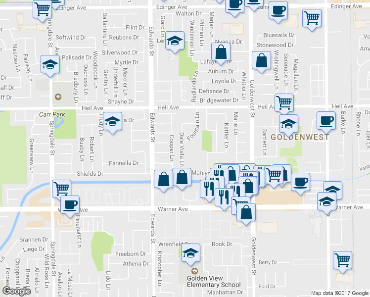 map of restaurants, bars, coffee shops, grocery stores, and more near 16702 Dale Vista Lane in Huntington Beach