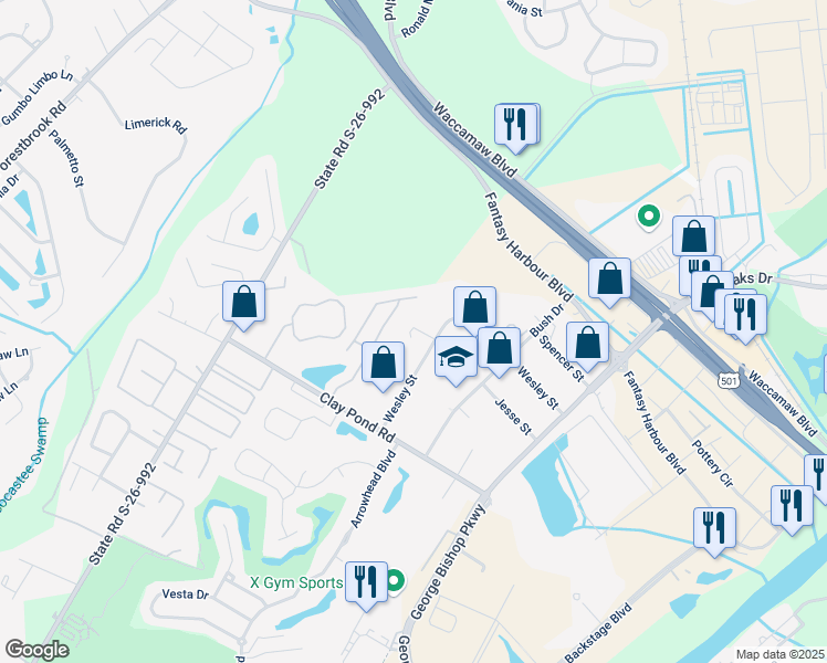 map of restaurants, bars, coffee shops, grocery stores, and more near 3914 Wesley Street in Myrtle Beach