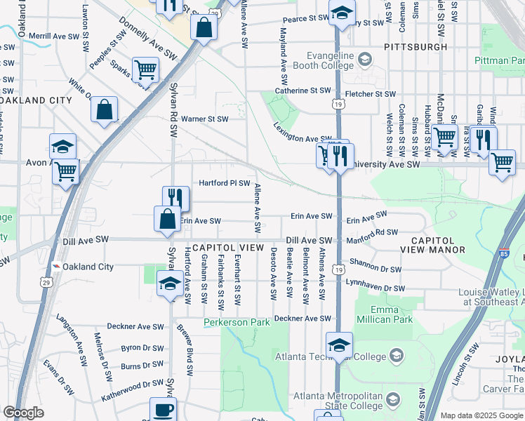 map of restaurants, bars, coffee shops, grocery stores, and more near 1286 Allene Avenue Southwest in Atlanta