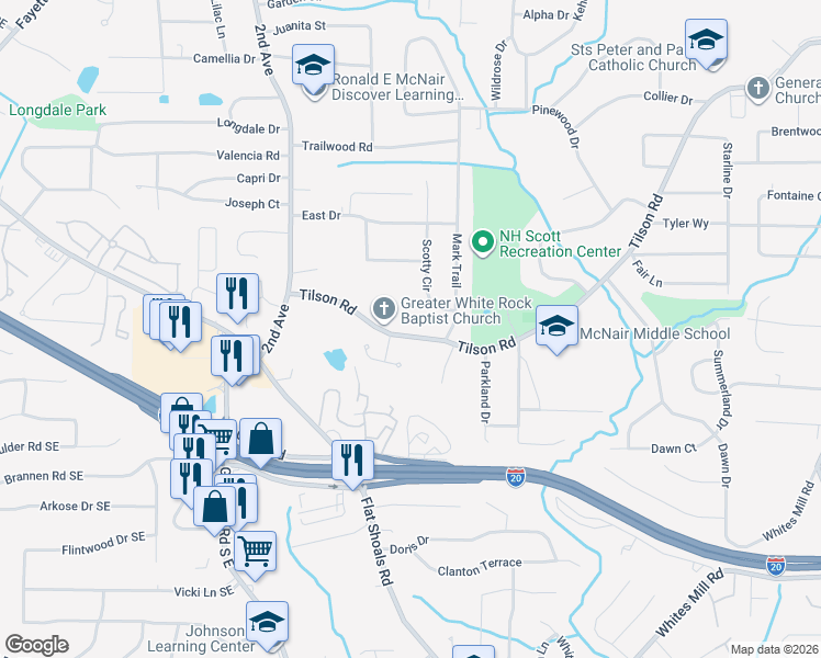 map of restaurants, bars, coffee shops, grocery stores, and more near 2140 Tilson Road in Decatur