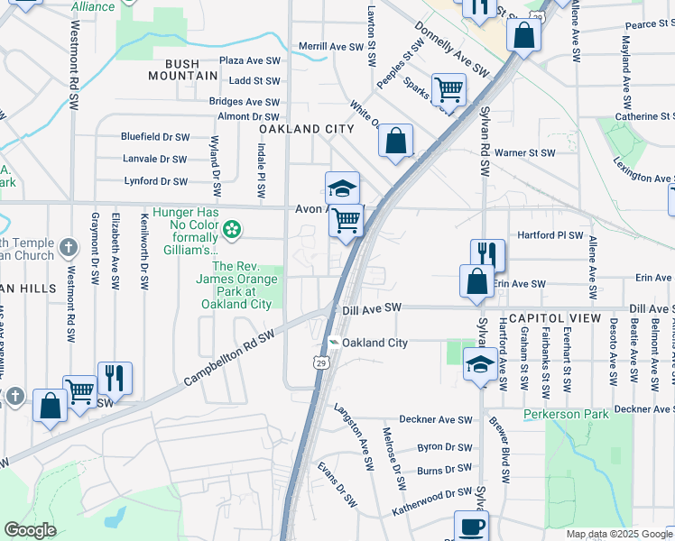 map of restaurants, bars, coffee shops, grocery stores, and more near 1135 Oakland Lane Southwest in Atlanta