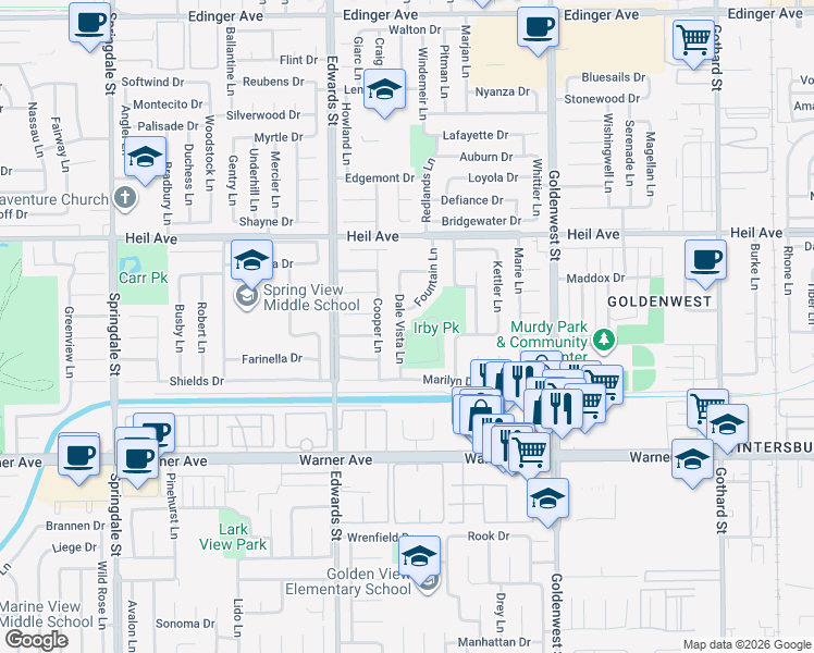 map of restaurants, bars, coffee shops, grocery stores, and more near 16692 Dale Vista Lane in Huntington Beach
