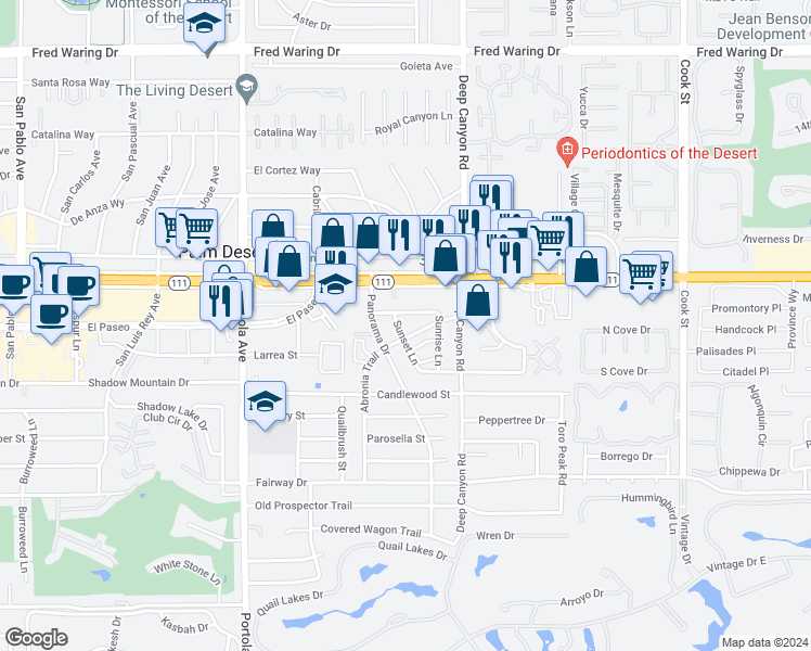 map of restaurants, bars, coffee shops, grocery stores, and more near 74375 El Camino in Palm Desert