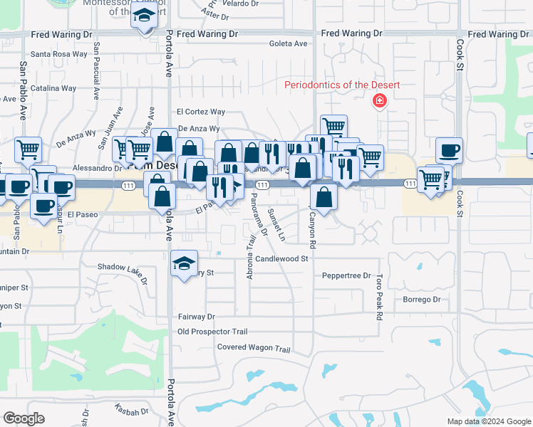 map of restaurants, bars, coffee shops, grocery stores, and more near 45210 Panorama Drive in Palm Desert