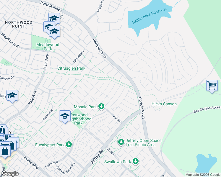 map of restaurants, bars, coffee shops, grocery stores, and more near 104 Paxton in Irvine