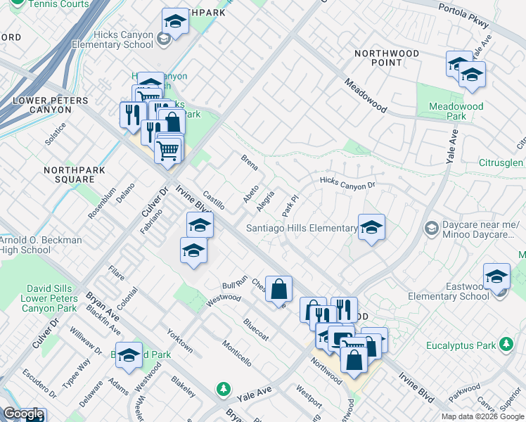 map of restaurants, bars, coffee shops, grocery stores, and more near 16 Hidalgo in Irvine