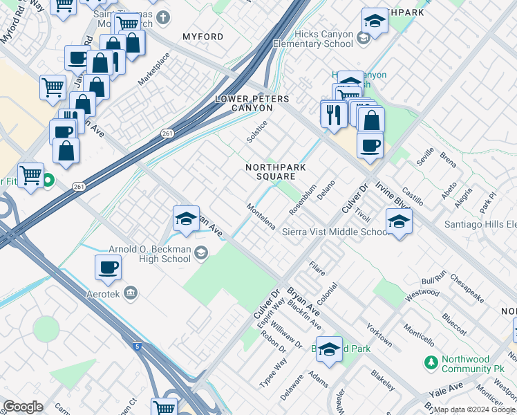 map of restaurants, bars, coffee shops, grocery stores, and more near 1 Longvale in Irvine
