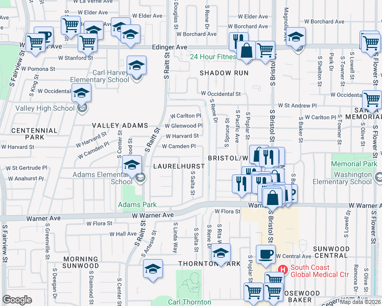 map of restaurants, bars, coffee shops, grocery stores, and more near 1810 West Camden Place in Santa Ana