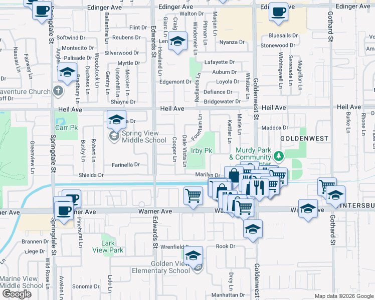 map of restaurants, bars, coffee shops, grocery stores, and more near 16692 Dale Vista Lane in Huntington Beach
