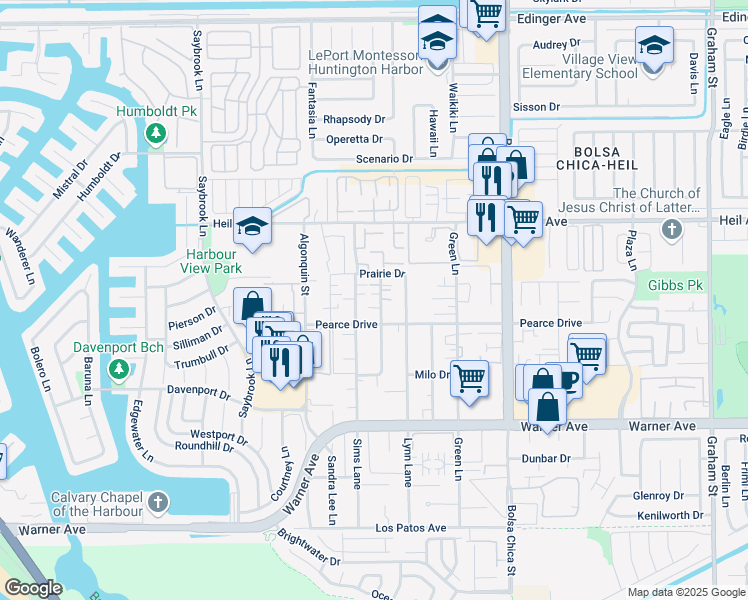 map of restaurants, bars, coffee shops, grocery stores, and more near 16671 Blanton Lane in Huntington Beach