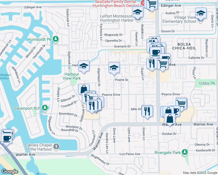 map of restaurants, bars, coffee shops, grocery stores, and more near 16671 Sims Lane in Huntington Beach