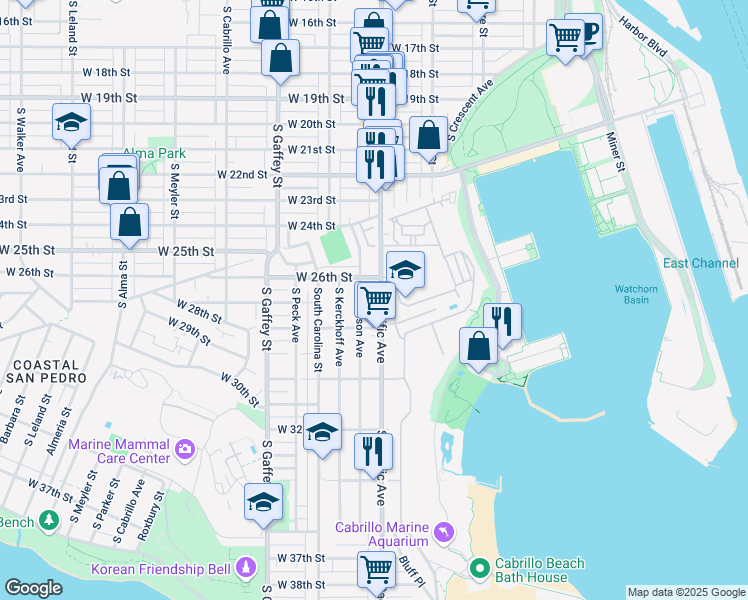 map of restaurants, bars, coffee shops, grocery stores, and more near 2628 South Denison Avenue in Los Angeles