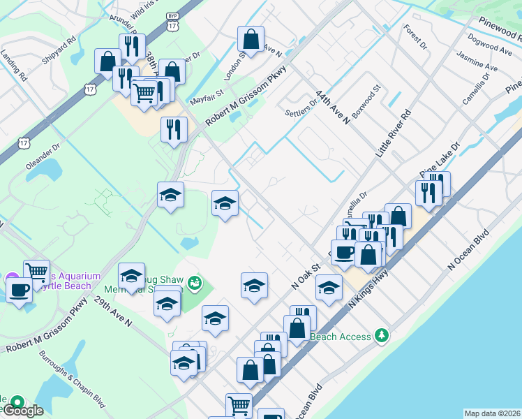map of restaurants, bars, coffee shops, grocery stores, and more near 3753 Block House Way in Myrtle Beach