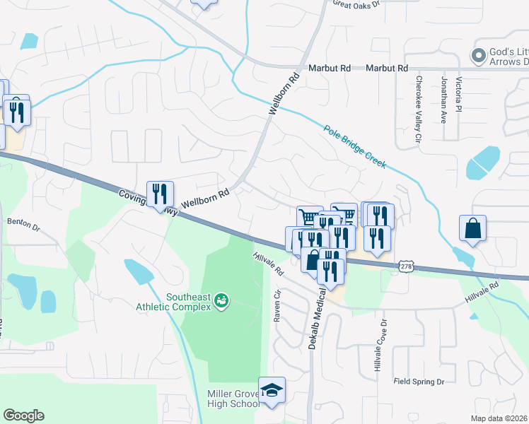 map of restaurants, bars, coffee shops, grocery stores, and more near 3032 Sherbourne Drive in Lithonia