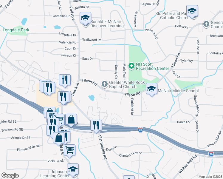 map of restaurants, bars, coffee shops, grocery stores, and more near 2140 Tilson Road in Decatur