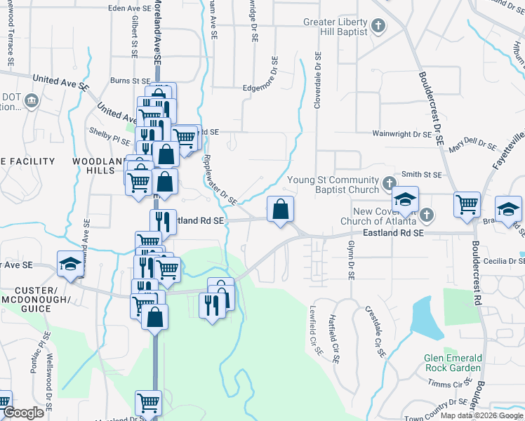 map of restaurants, bars, coffee shops, grocery stores, and more near 1130 Verandah Lane Southeast in Atlanta