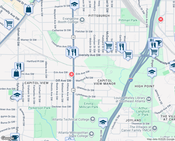 map of restaurants, bars, coffee shops, grocery stores, and more near 535 Erin Avenue Southwest in Atlanta
