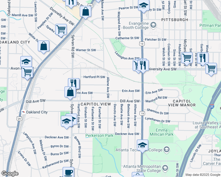 map of restaurants, bars, coffee shops, grocery stores, and more near 1286 Allene Avenue Southwest in Atlanta