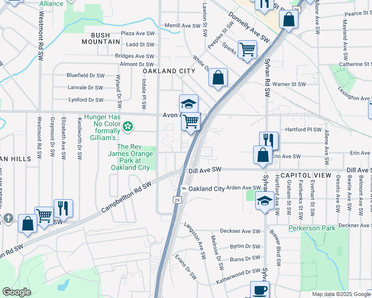 map of restaurants, bars, coffee shops, grocery stores, and more near 1135 Oakland Lane Southwest in Atlanta