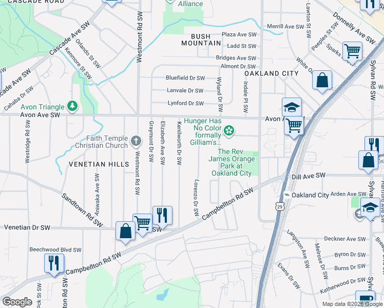 map of restaurants, bars, coffee shops, grocery stores, and more near 1280 Kenilworth Drive Southwest in Atlanta