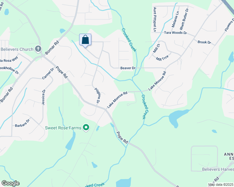 map of restaurants, bars, coffee shops, grocery stores, and more near 3153 Lake Monroe Road in Douglasville