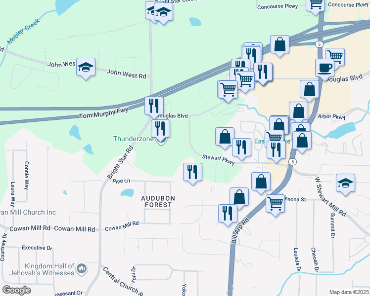 map of restaurants, bars, coffee shops, grocery stores, and more near 6100 Stewart Parkway in Douglasville