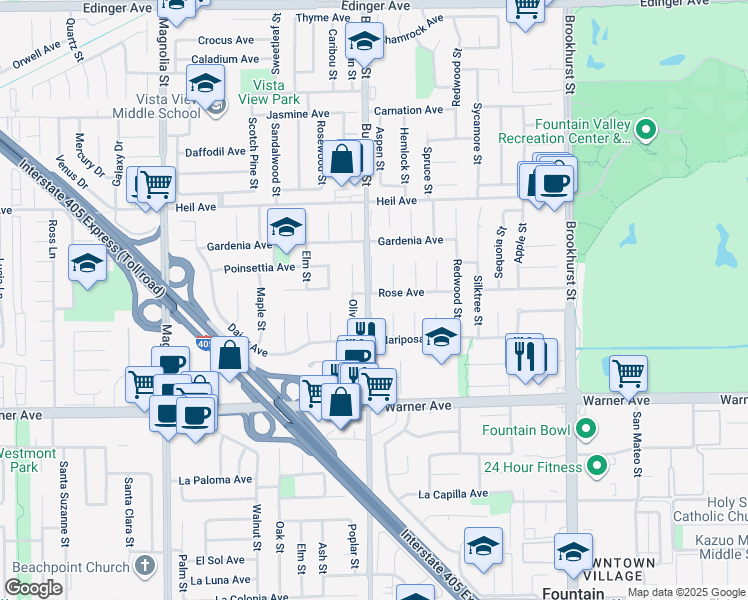 map of restaurants, bars, coffee shops, grocery stores, and more near 9514 Rose Avenue in Fountain Valley