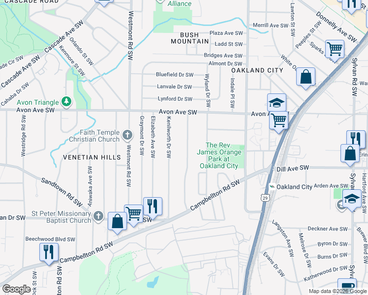 map of restaurants, bars, coffee shops, grocery stores, and more near 1280 Kenilworth Drive Southwest in Atlanta