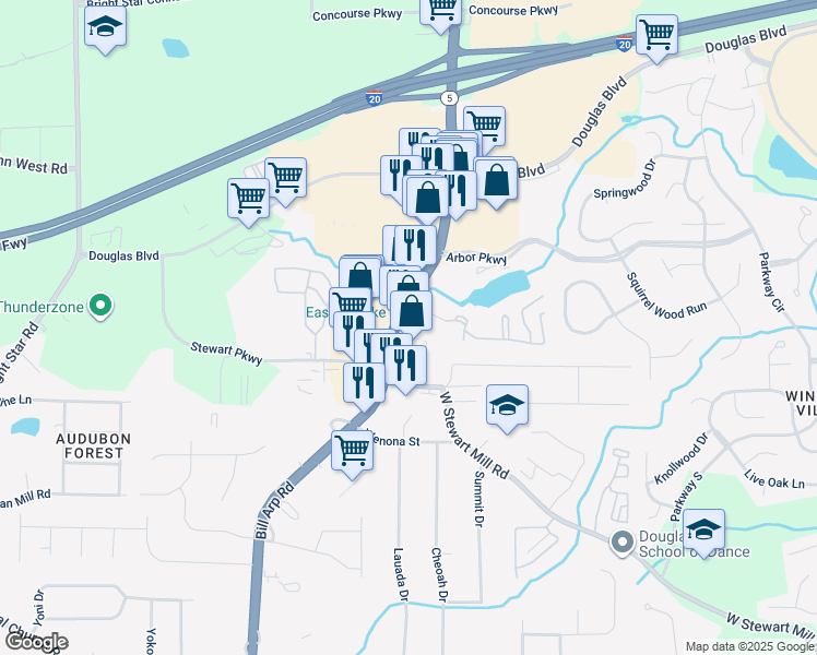 map of restaurants, bars, coffee shops, grocery stores, and more near 3100 Georgia 5 in Douglasville