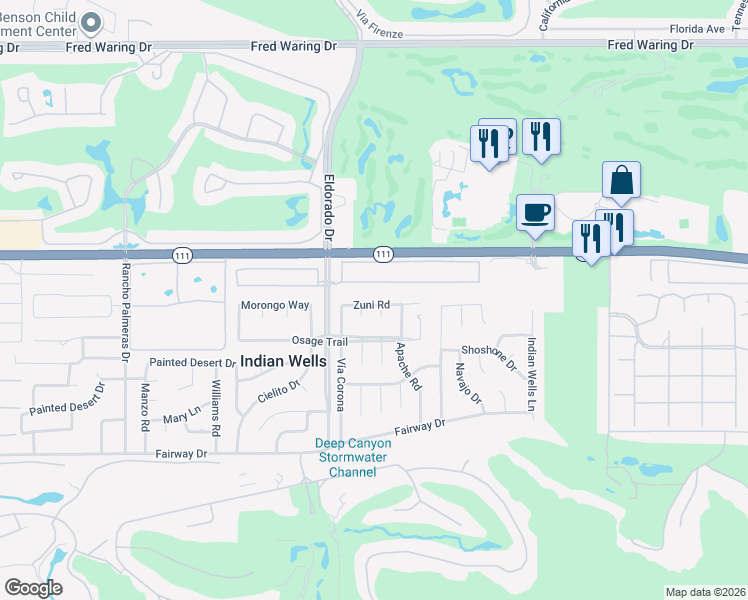 map of restaurants, bars, coffee shops, grocery stores, and more near 76120 Zuni Road in Indian Wells