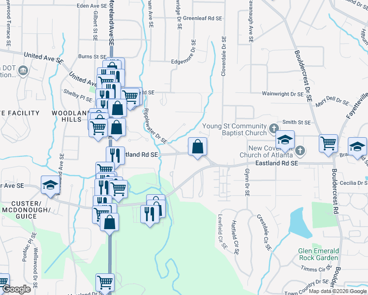 map of restaurants, bars, coffee shops, grocery stores, and more near 1130 Verandah Lane Southeast in Atlanta