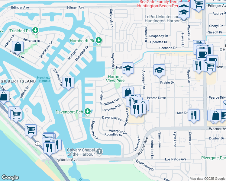 map of restaurants, bars, coffee shops, grocery stores, and more near 4232 Calhoun Drive in Huntington Beach