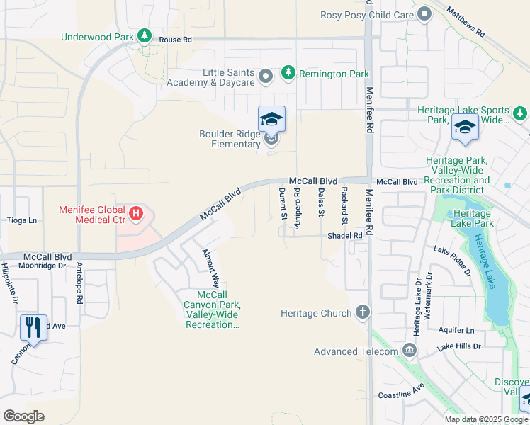 map of restaurants, bars, coffee shops, grocery stores, and more near 27615 Fargo Street in Menifee