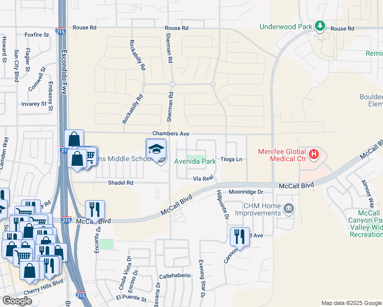 map of restaurants, bars, coffee shops, grocery stores, and more near 27603 Camino Claraboya in Menifee